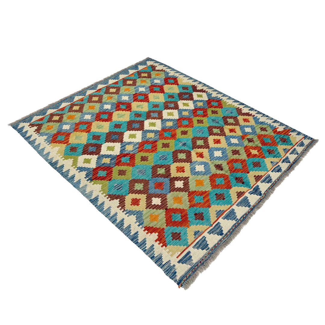 Afghan Vegetable Kilim Rug 4' 11" x 6' 6" Flat-Weave close-up