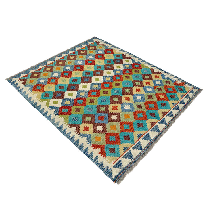 Afghan Vegetable Kilim Rug 4' 11" x 6' 6" Flat-Weave close-up
