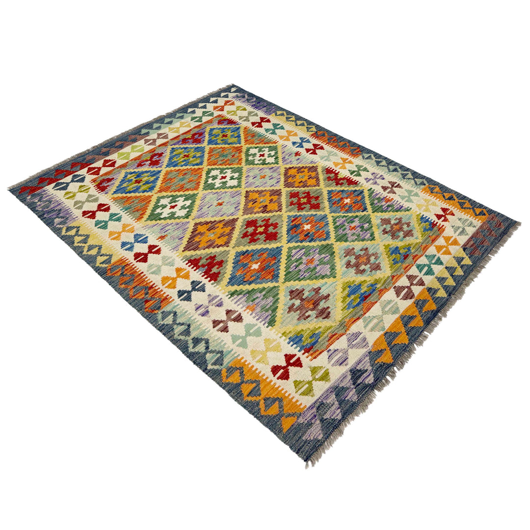 Afghan Vegetable Kelim Rug 4' 10" x 6' 6" Flat-Weave close-up