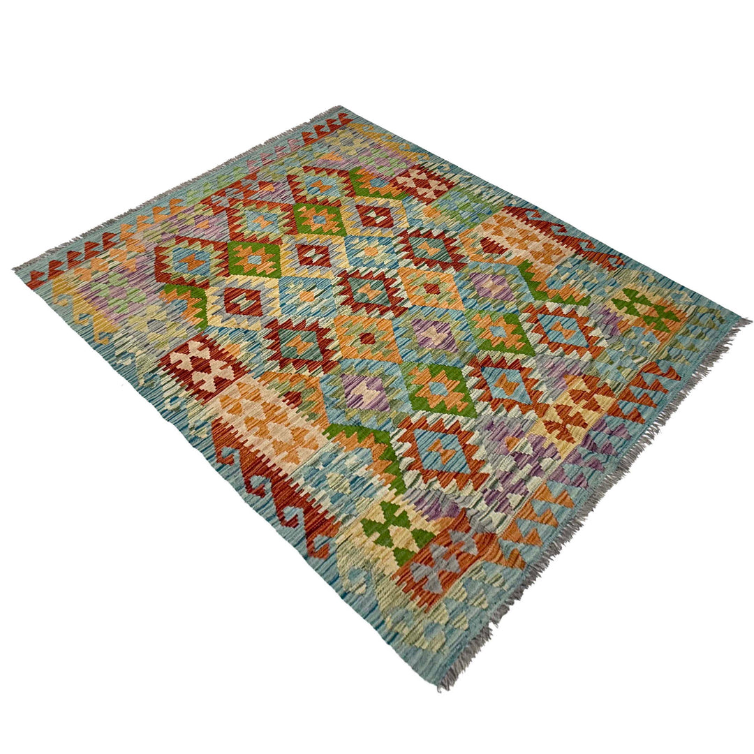 Afghan Kilim Rug 5' 0" x 6' 7" Flat-Weave close-up