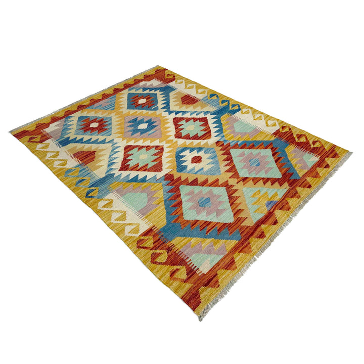 Afghan Vegetable Kilim Rug 4' 2" x 5' 8" Flat-Weave close-up
