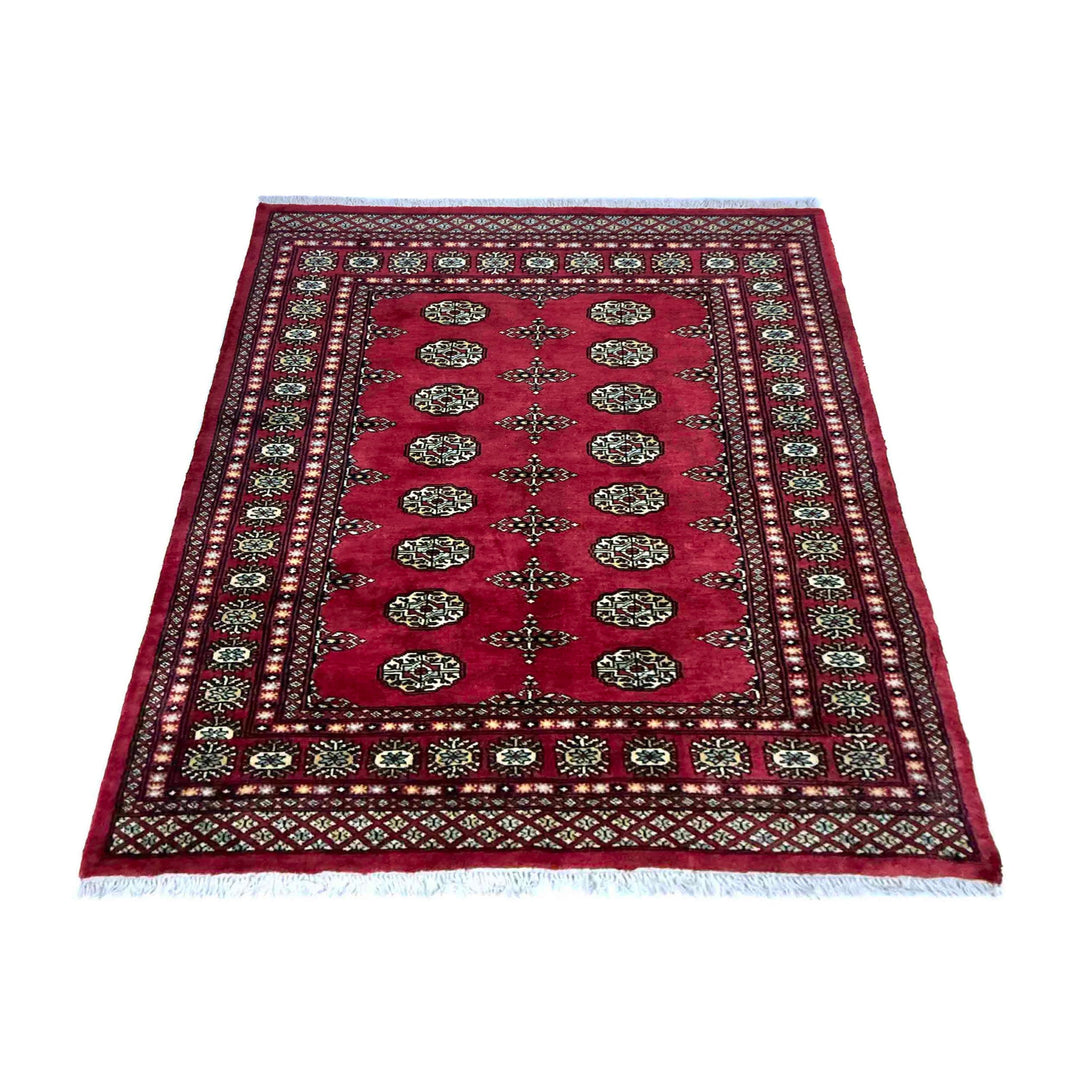 Vibrant Red Pakistani Bokhara Rug 4'1" x 5'10" Hand-Knotted detail
