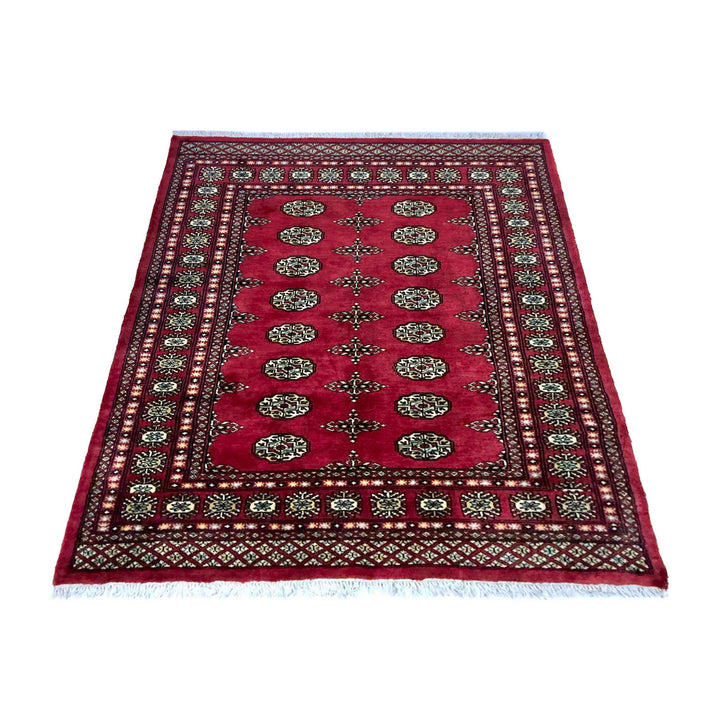 Vibrant Red Pakistani Bokhara Rug 4'1" x 5'10" Hand-Knotted detail
