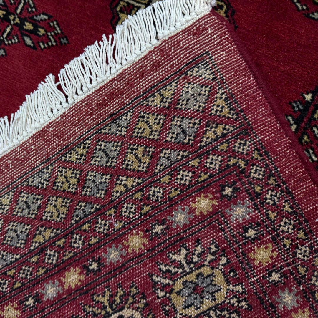 Vibrant Red Pakistani Bokhara Rug 4'1" x 5'10" Hand-Knotted border