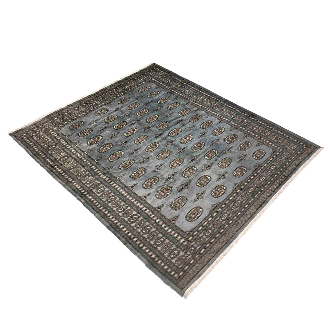 Gray Pakistani Bokhara Rug 6' 8" x 9' 8" Hand-Knotted close-up