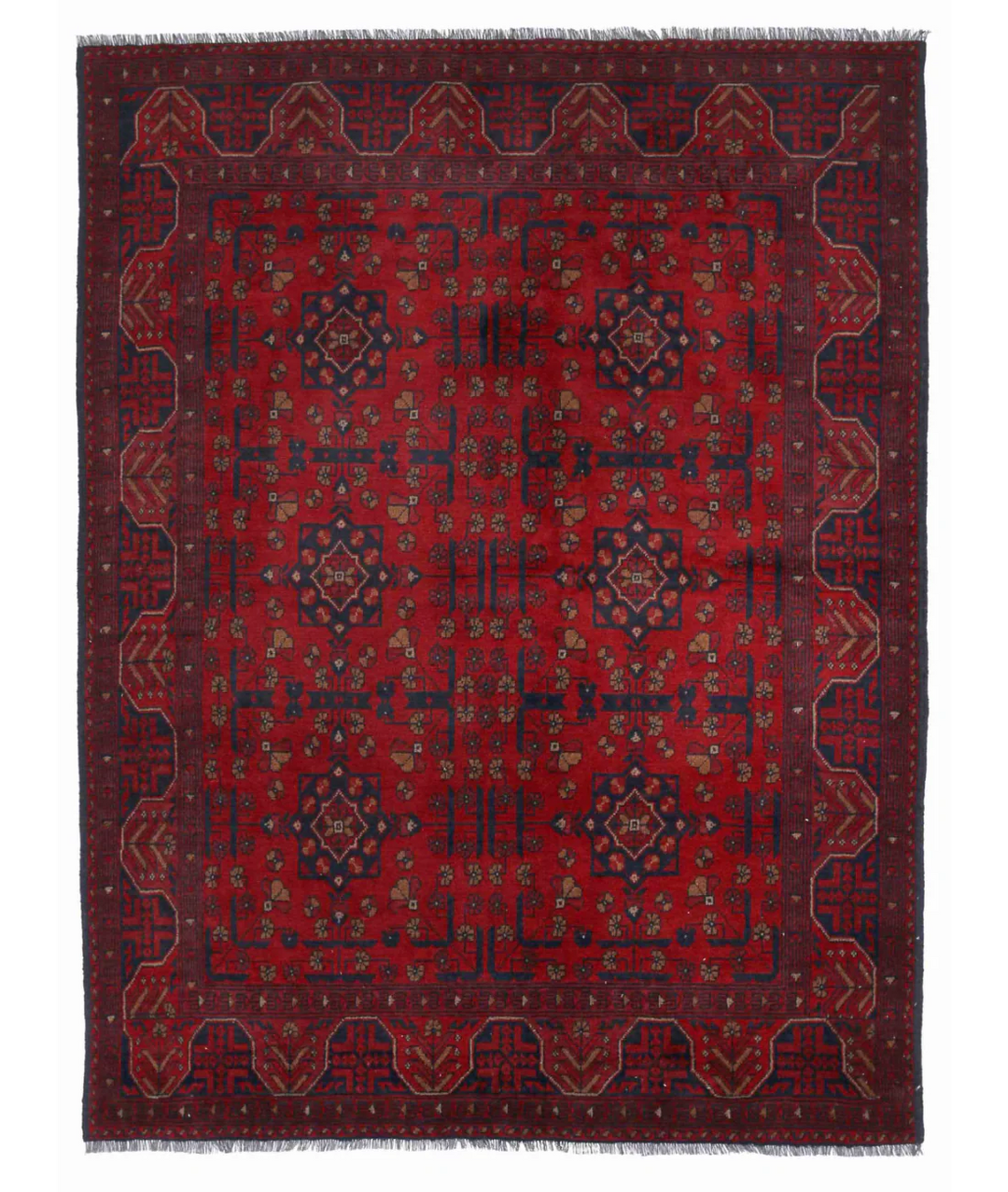 Red Afghan Tribal Rug 5' 1" x 6' 7" Hand-Knotted