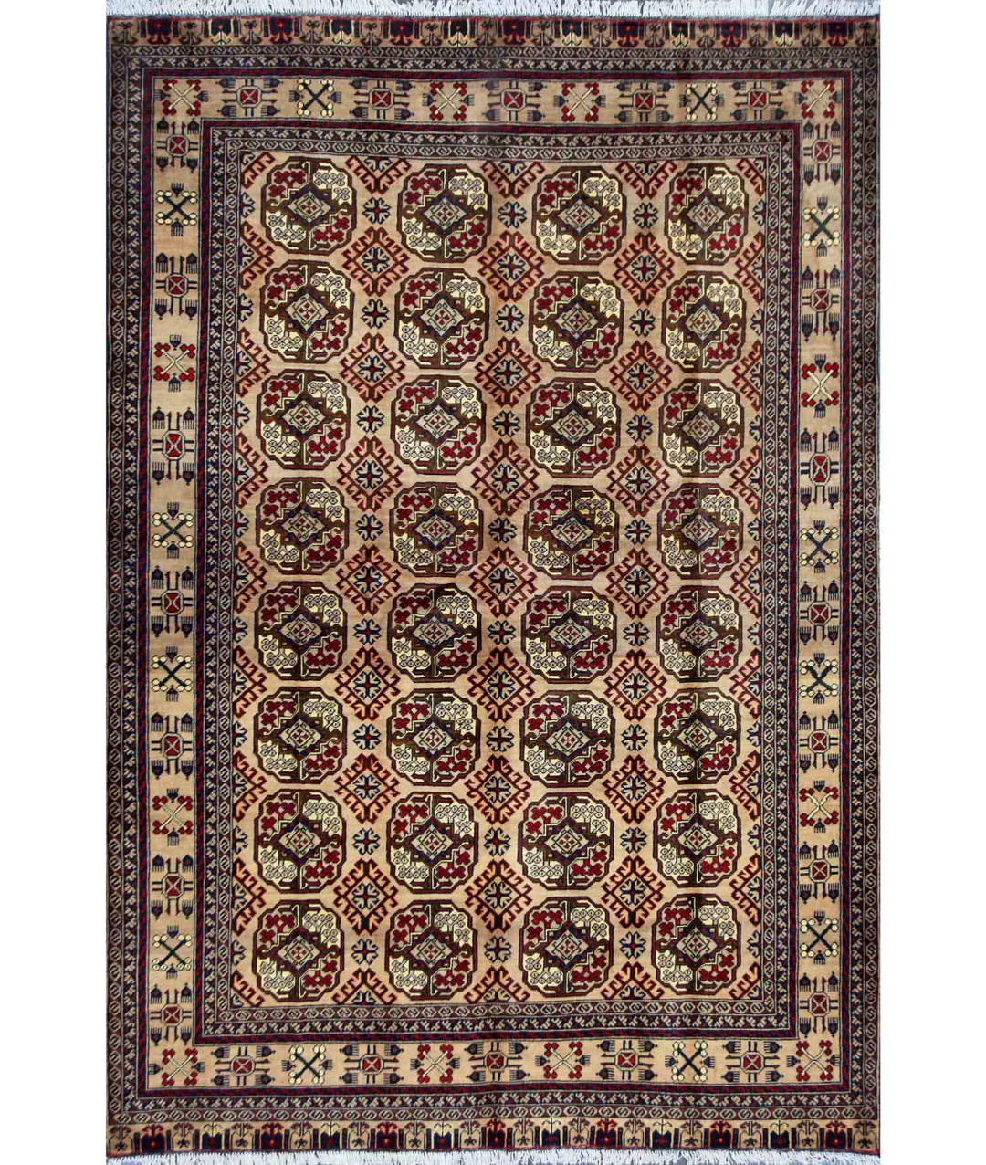 Ivory Afghan Tribal Rug 6' 8" x 9' 7" Hand-Knotted