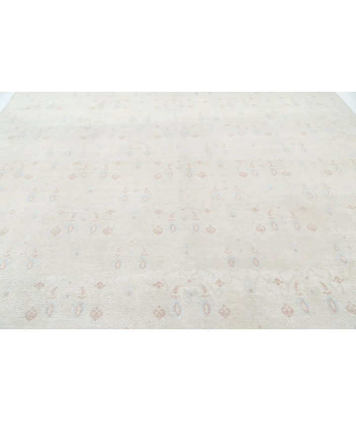 Ivory Afghan Tabriz Rug 9' 10" x 13' 3" Hand-Knotted border