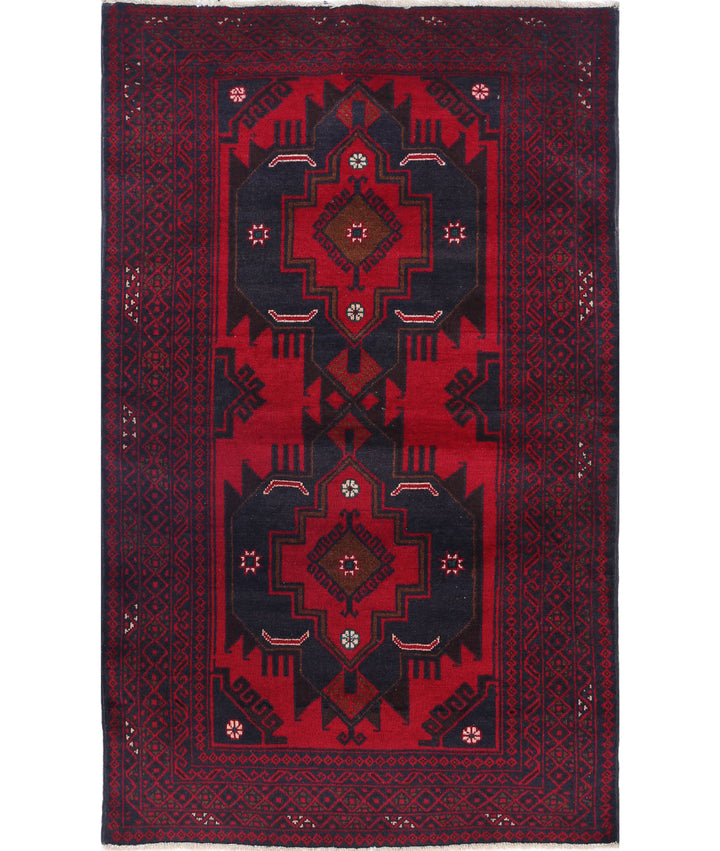 Red Afghan Baluchi Rug 3' 0" x 4' 11" Hand-Knotted | No. AT95081