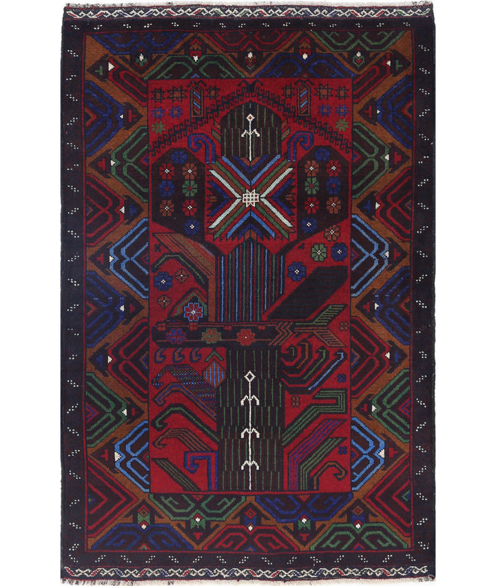 Red Afghan Baluchi Rug 3' 0" x 4' 8" Hand-Knotted | No. AT70770