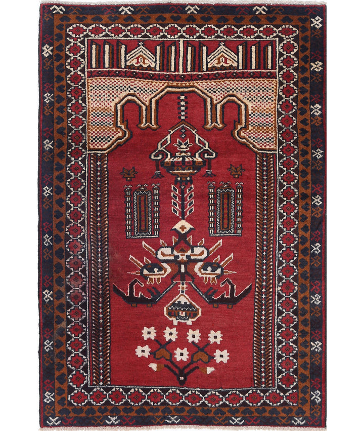 Red Afghan Baluchi Rug 3' 0" x 4' 5" Hand-Knotted | No. AT70167