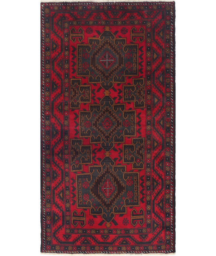 Red Afghan Baluchi Rug 2' 11" x 5' 7" Hand-Knotted | No. AT14430