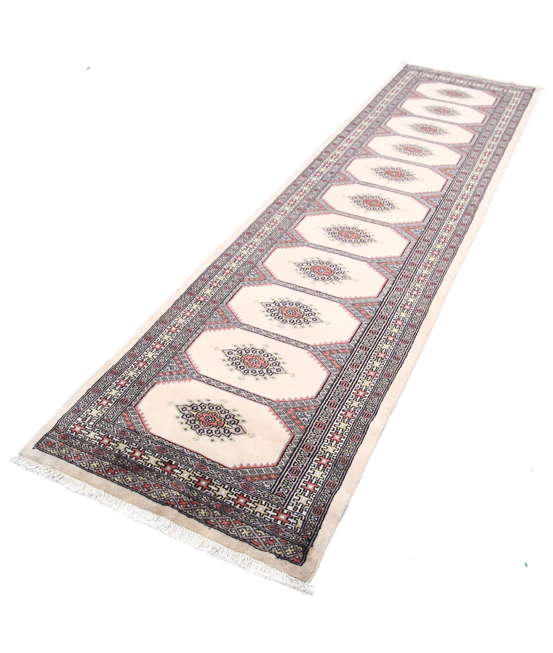 Ivory Afghan Bokhara Rug 2' 7" x 9' 10" Hand-Knotted | No. AT28881