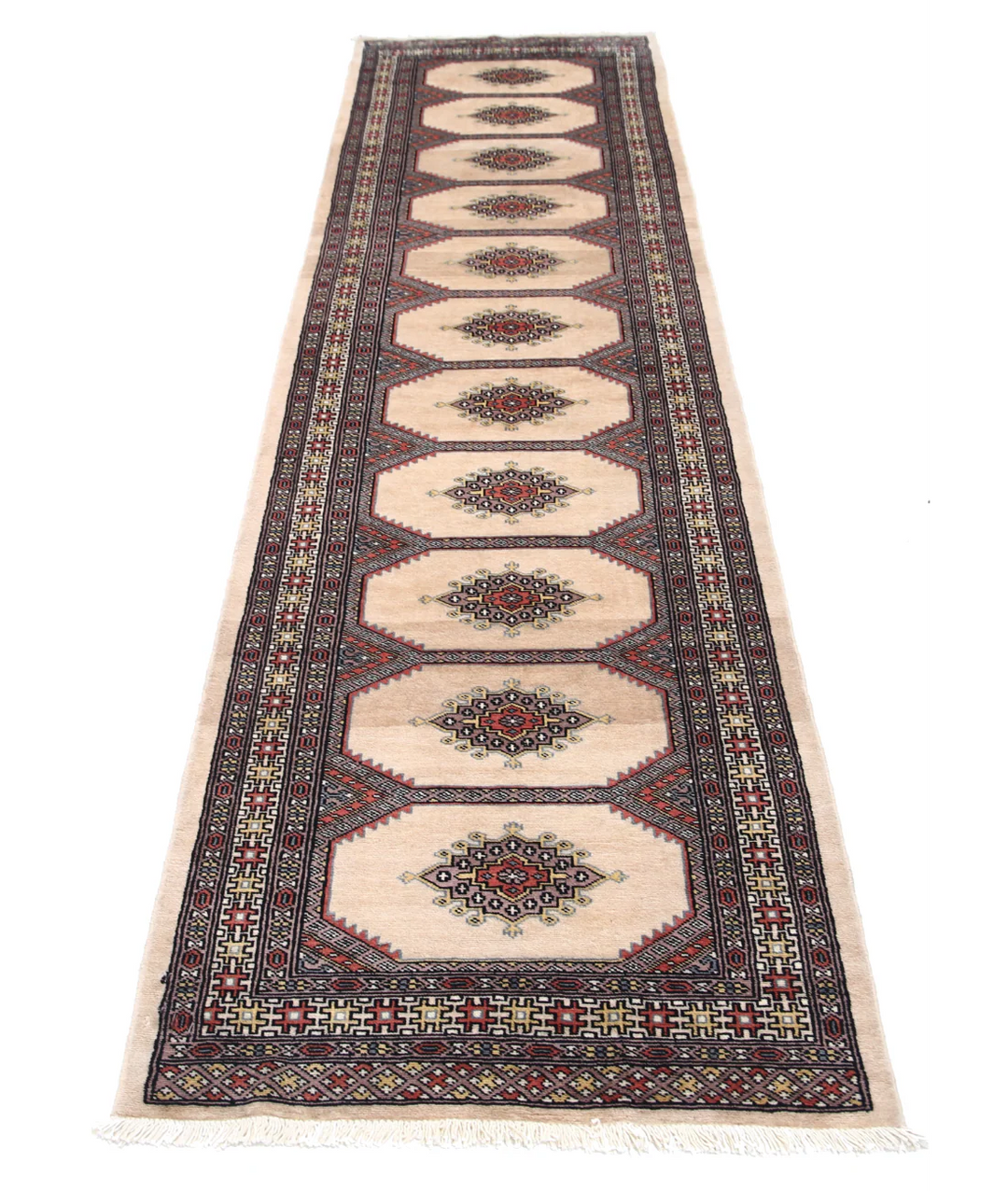 Ivory Afghan Bokhara Rug 2' 7" x 9' 10" Hand-Knotted | No. AT28881