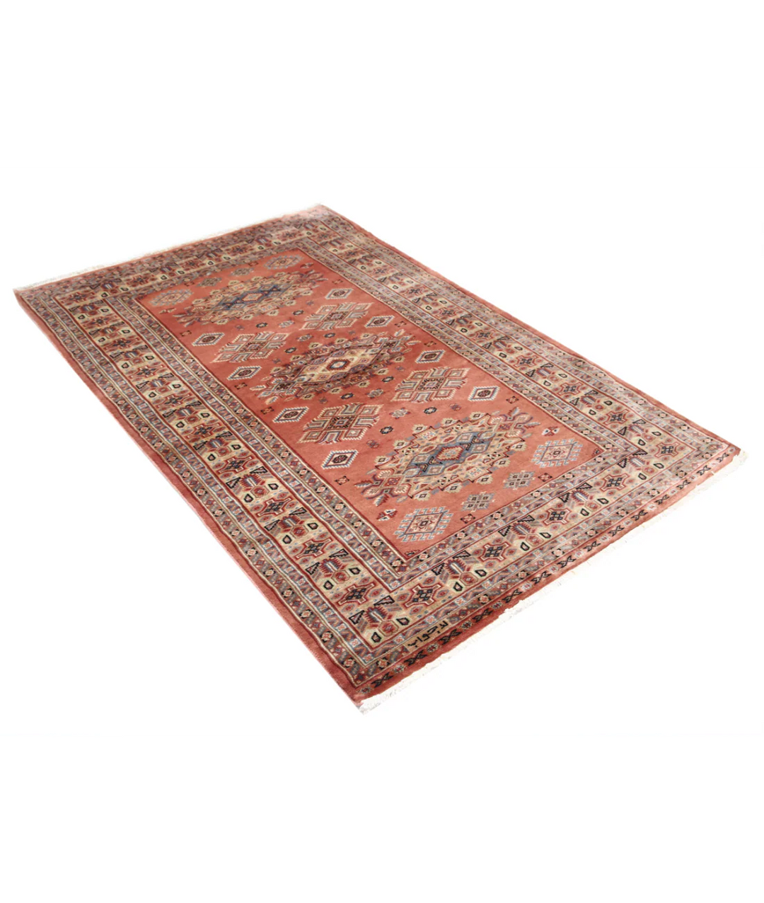 Ivory Afghan Bokhara Rug 4' 2" x 6' 1" Hand-Knotted | No. AT34152