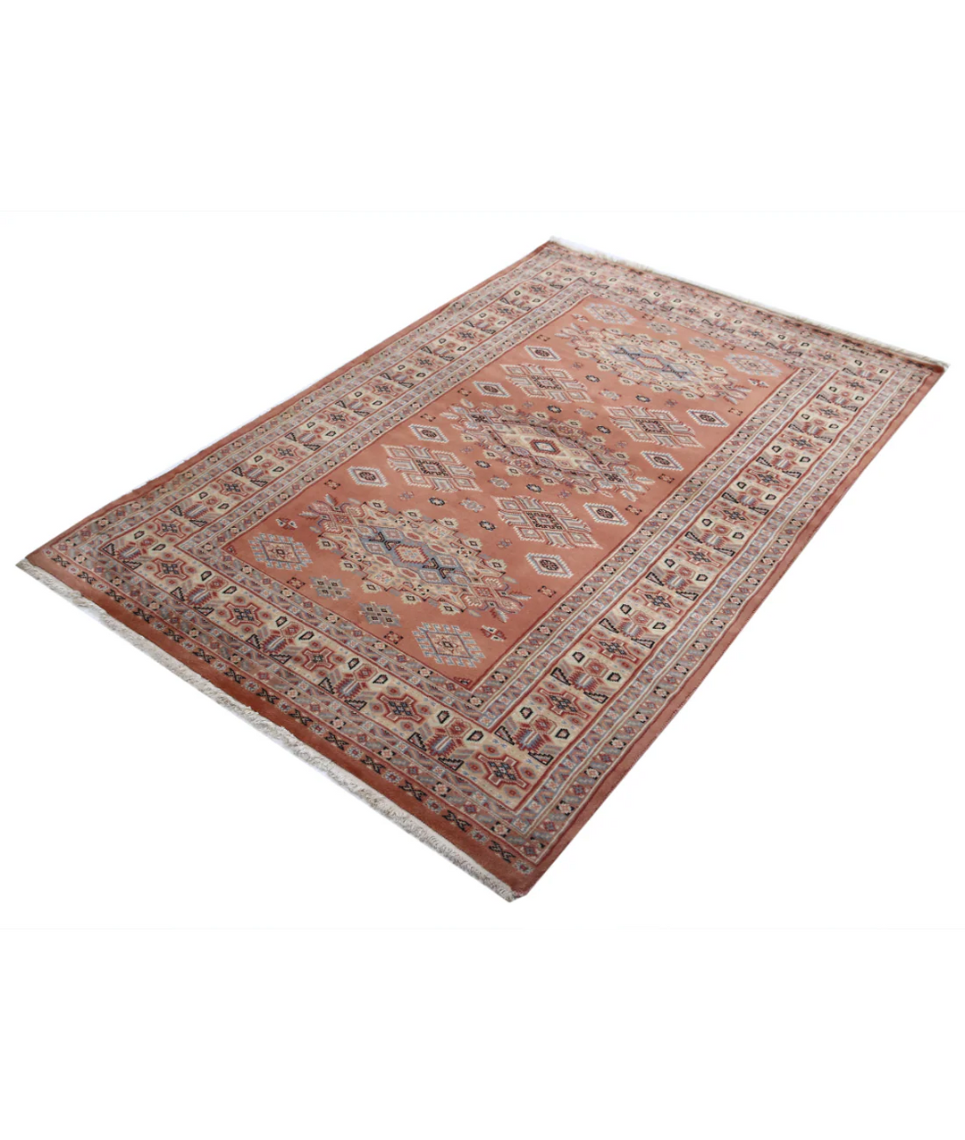 Ivory Afghan Bokhara Rug 4' 2" x 6' 1" Hand-Knotted | No. AT34152