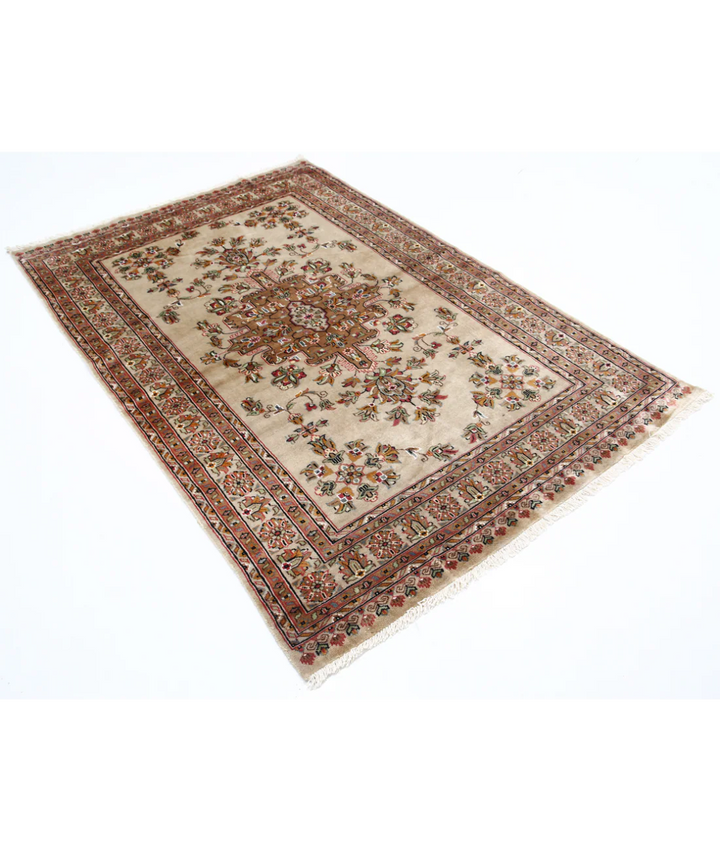 Ivory Afghan Bokhara Rug 4' 6" x 6' 8" Hand-Knotted | No. AT50614