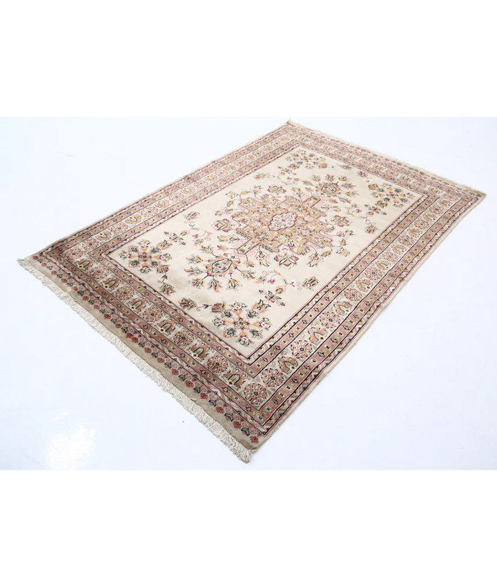 Ivory Afghan Bokhara Rug 4' 6" x 6' 8" Hand-Knotted | No. AT50614