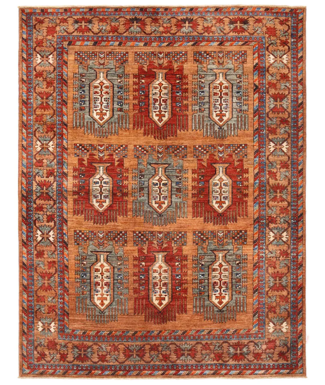 Brown Afghan Tribal Rug 5' 1" x 6' 9" Hand-Knotted