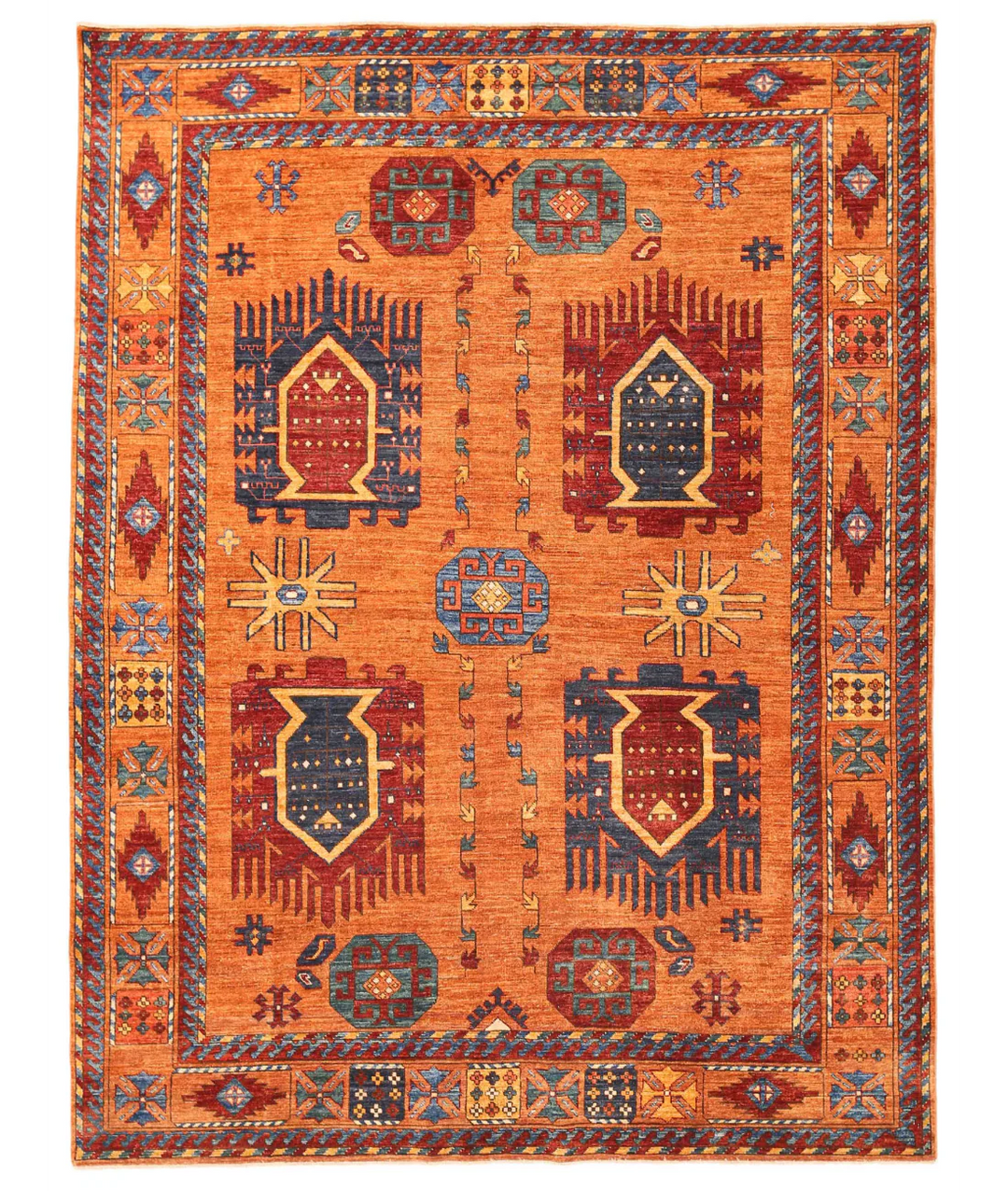 Gold Afghan Tribal Rug 7' 2" x 9' 4" Hand-Knotted