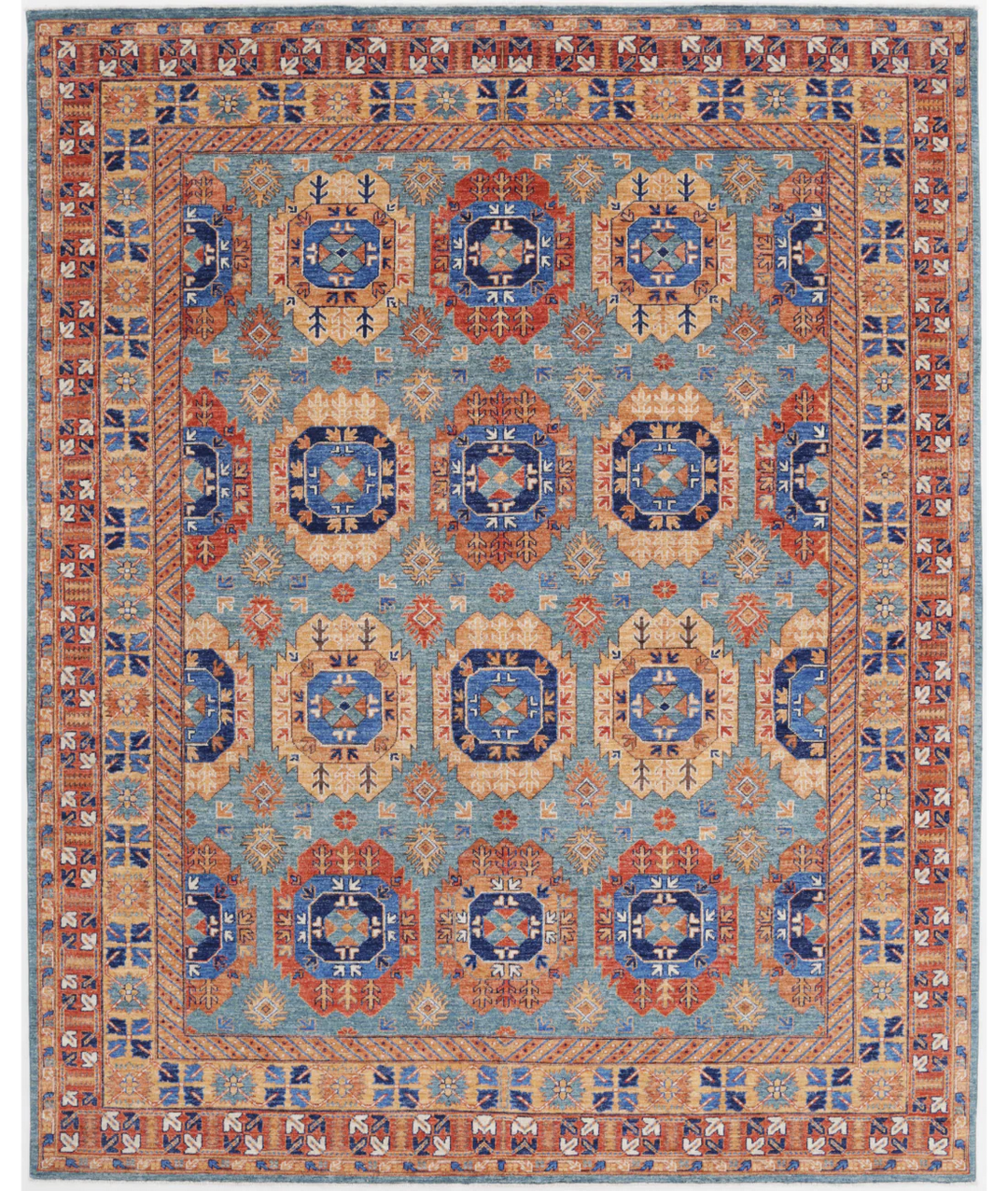 Green Afghan Tribal Rug 8' 0" x 9' 11" Hand-Knotted