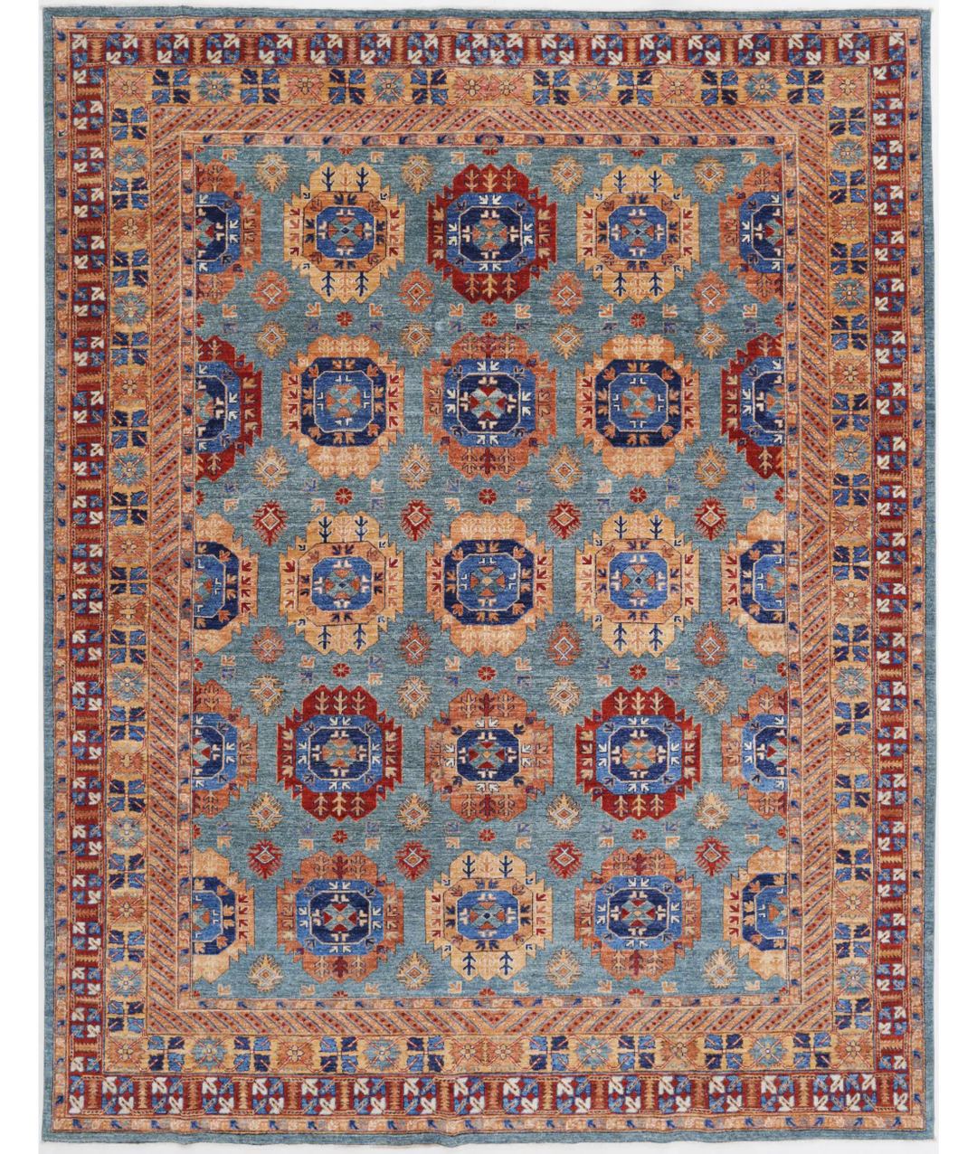 Green Afghan Tribal Rug 9' 1" x 11' 10" Hand-Knotted