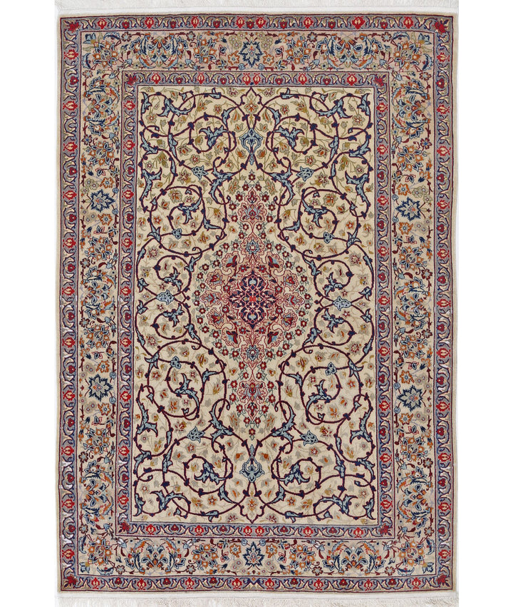 Ivory Afghan Isfahan Rug 3' 7" x 5' 3" Hand-Knotted | No. AT86590