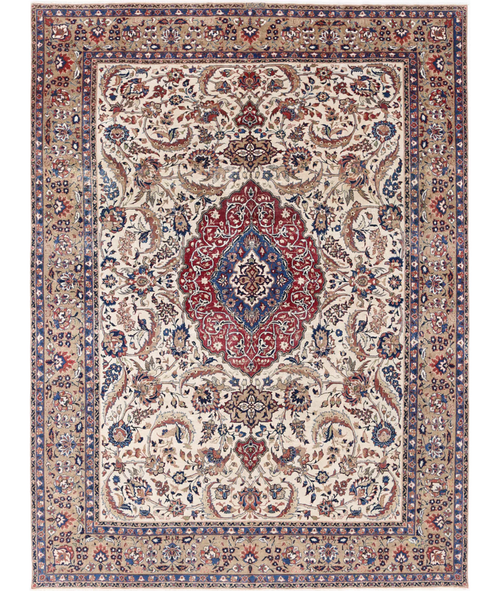 Ivory Persian Vintage Rug 9' 8" x 12' 11" Hand-Knotted | No. AT87506