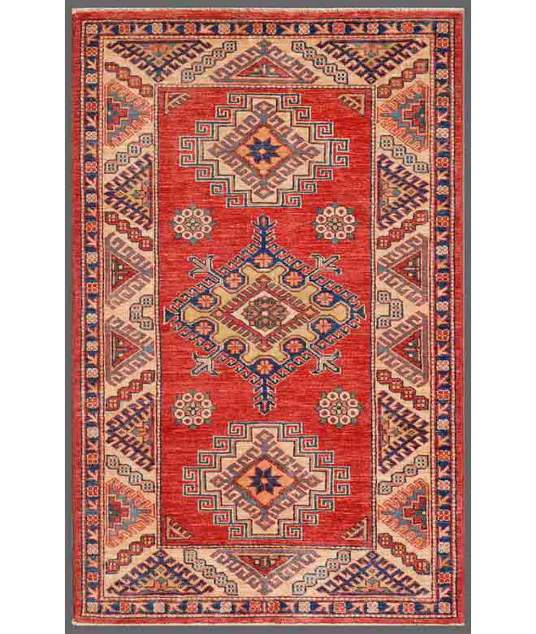 Red Afghan Kazak Rug 3' 0" x 4' 9" Hand-Knotted