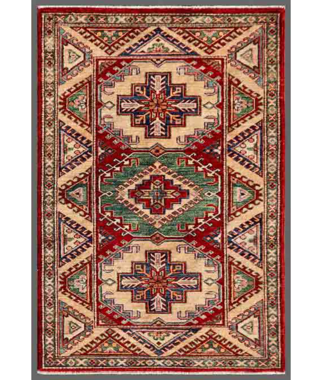 Red Afghan Kazak Rug 3' 0" x 4' 6" Hand-Knotted