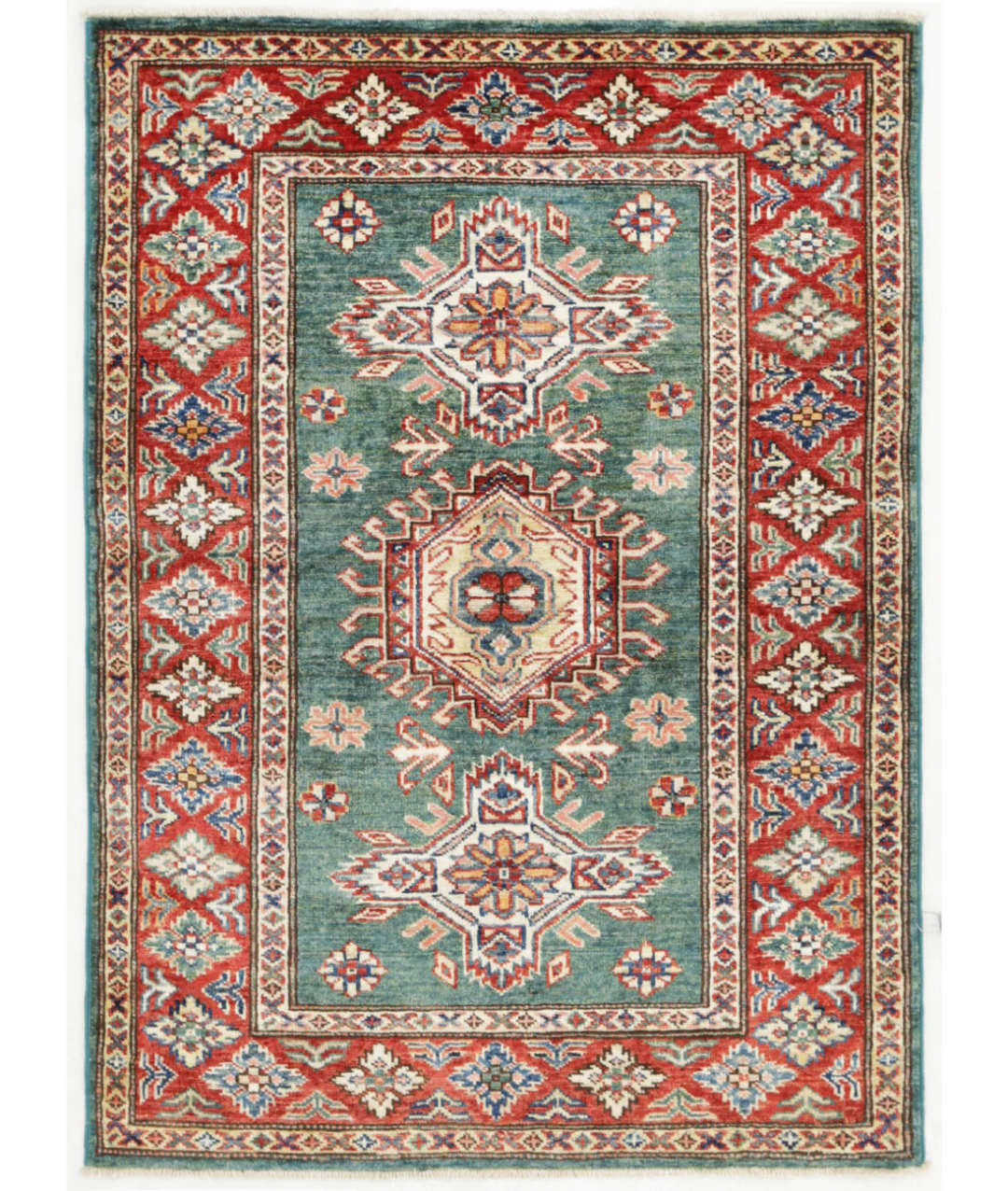 Green Afghan Kazak Rug 2' 9" x 3' 11" Hand-Knotted