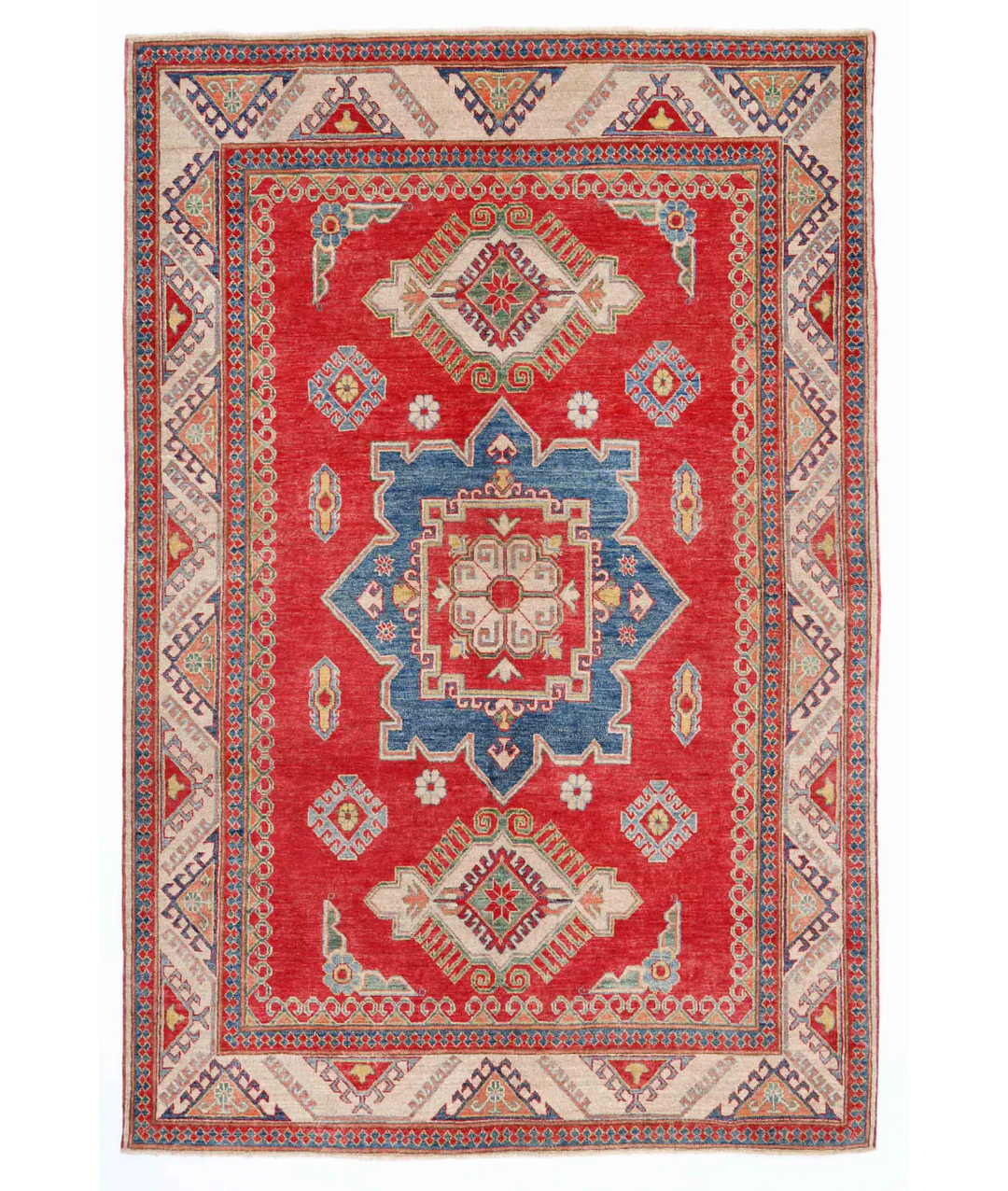 Red Afghan Kazak Rug 6' 0" x 9' 0" Hand-Knotted