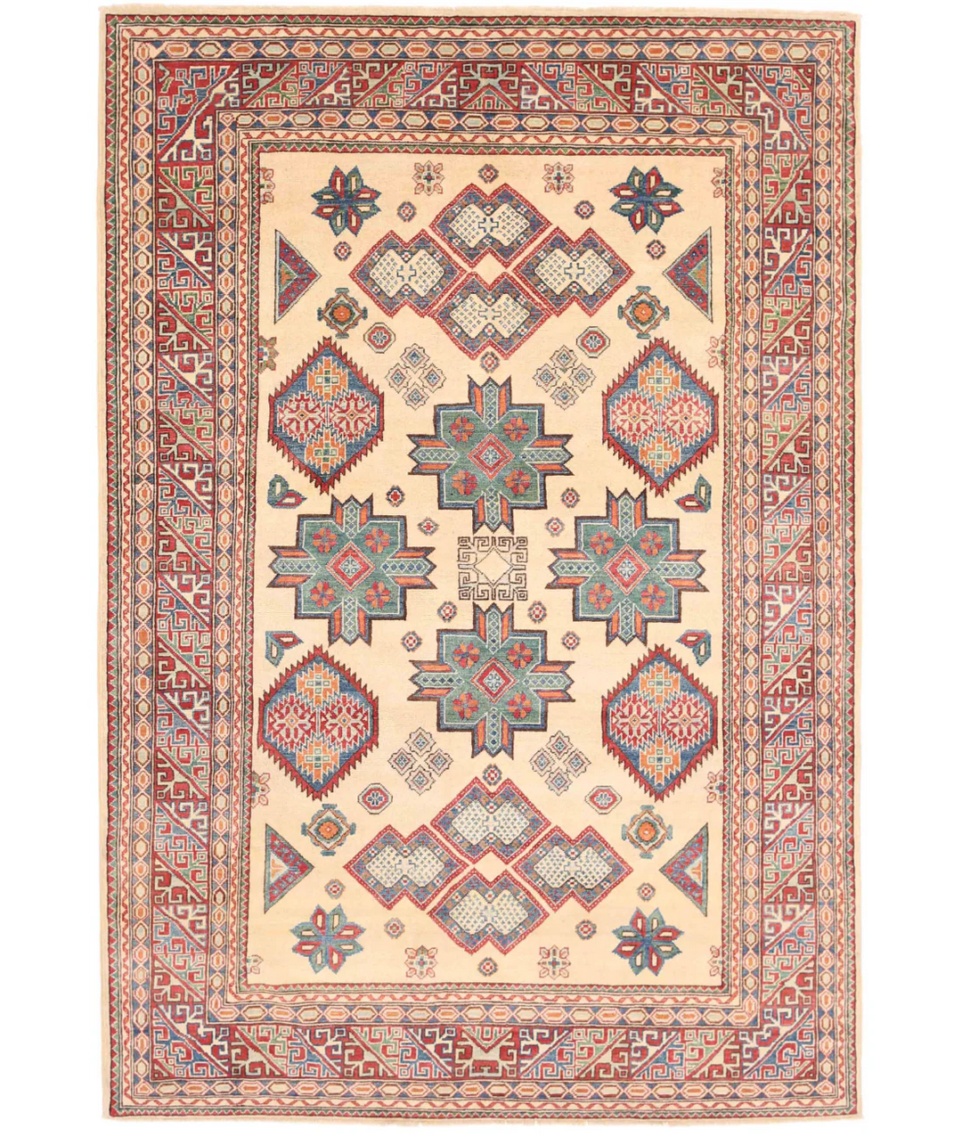 Ivory Afghan Kazak Rug 6' 8" x 10' 0" Hand-Knotted