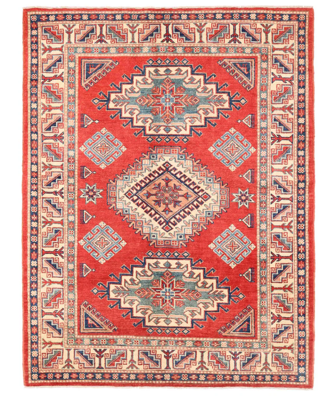Red Afghan Kazak Rug 4' 9" x 6' 1" Hand-Knotted
