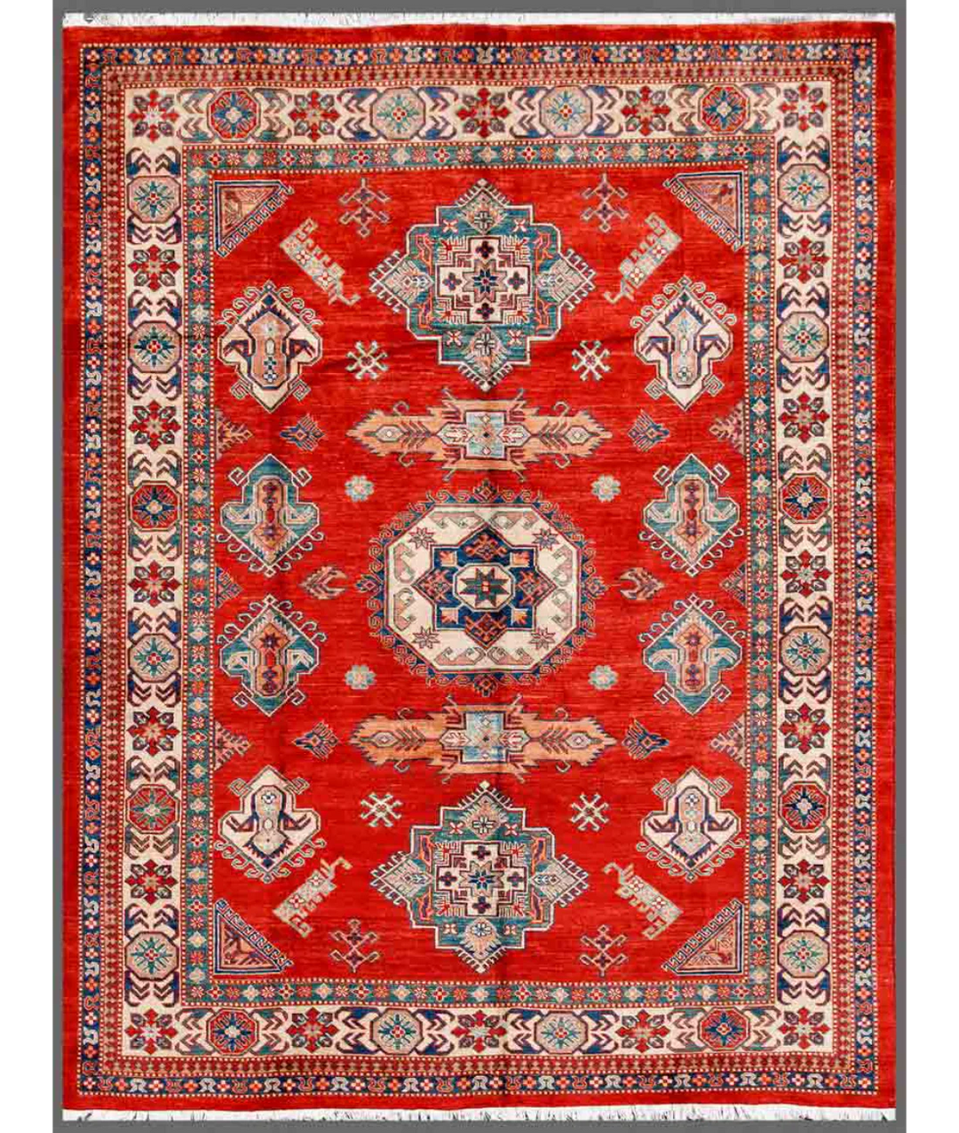 Red Afghan Kazak Rug 8' 2" x 10' 2" Hand-Knotted
