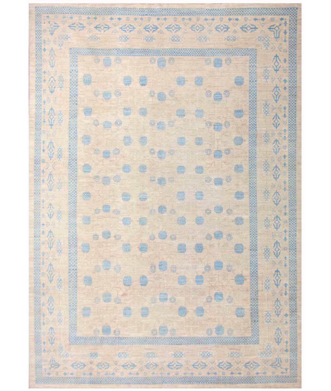 Ivory Afghan Khotan Rug 9' 8" x 14' 1" Hand-Knotted