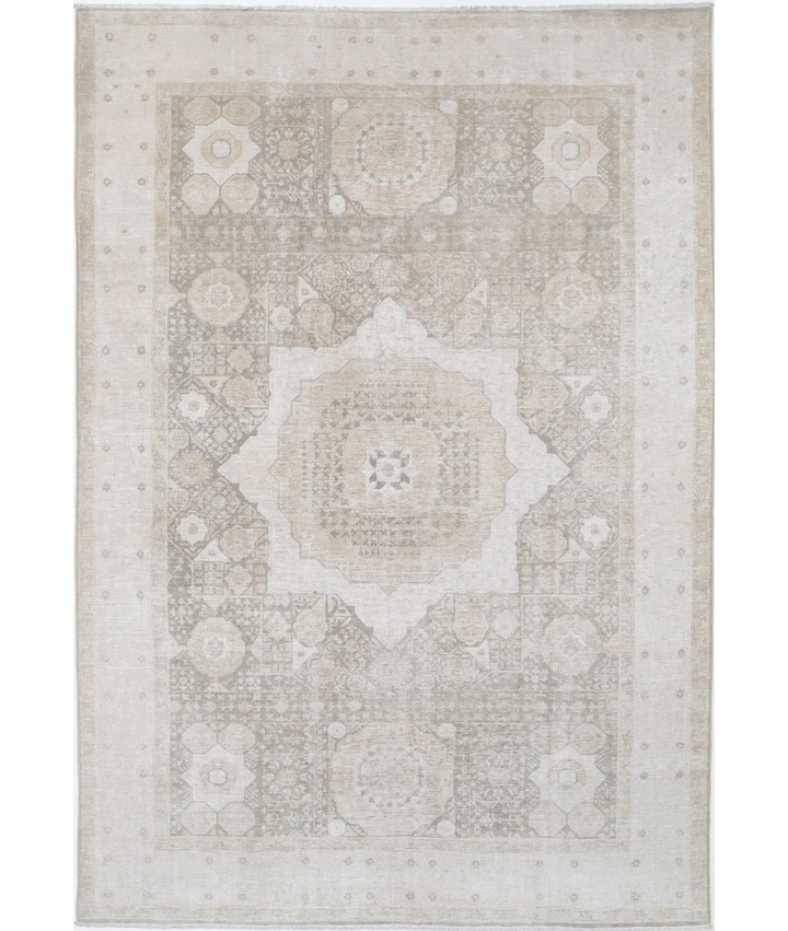 Green Afghan Mamluk Rug 6' 6" x 9' 6" Hand-Knotted | No. AT819944
