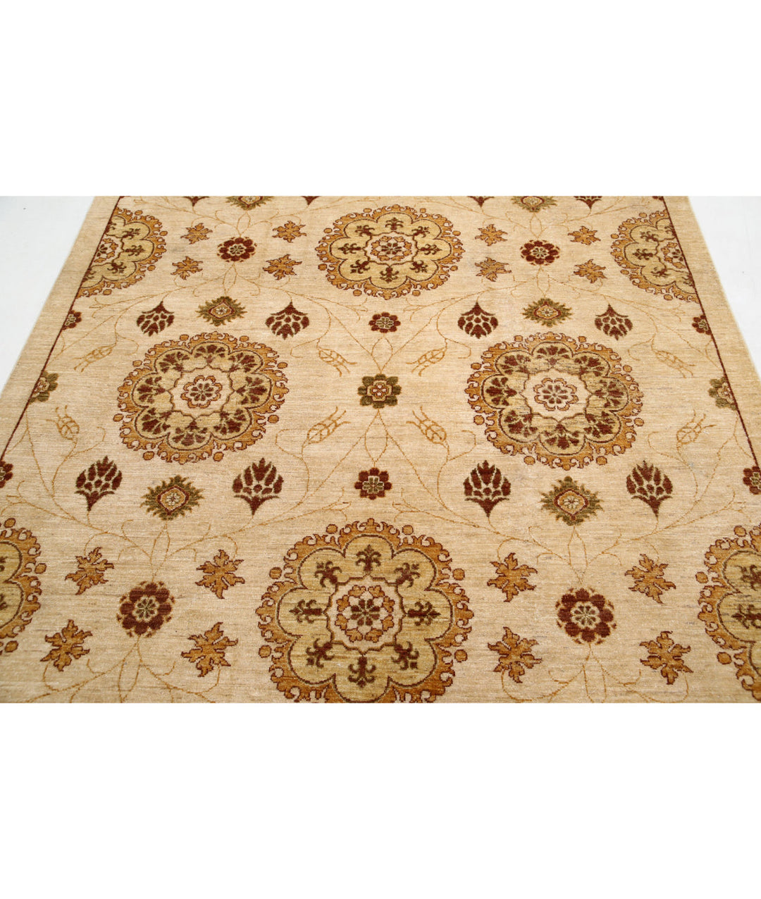 Beige Afghan Modcar Rug 6' 6" x 7' 10" Hand-Knotted border