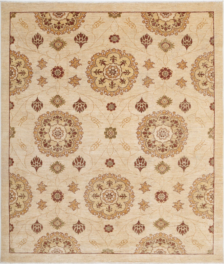 Beige Afghan Modcar Rug 6' 6" x 7' 10" Hand-Knotted