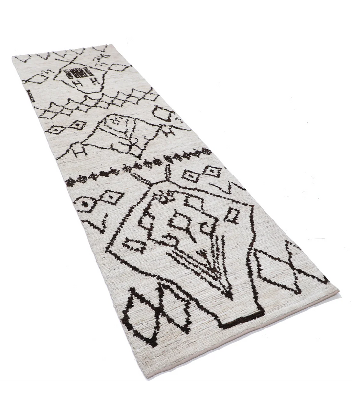 Ivory Moroccan Runner Rug 2' 11" x 9' 9" Hand-Knotted | No. AT32022