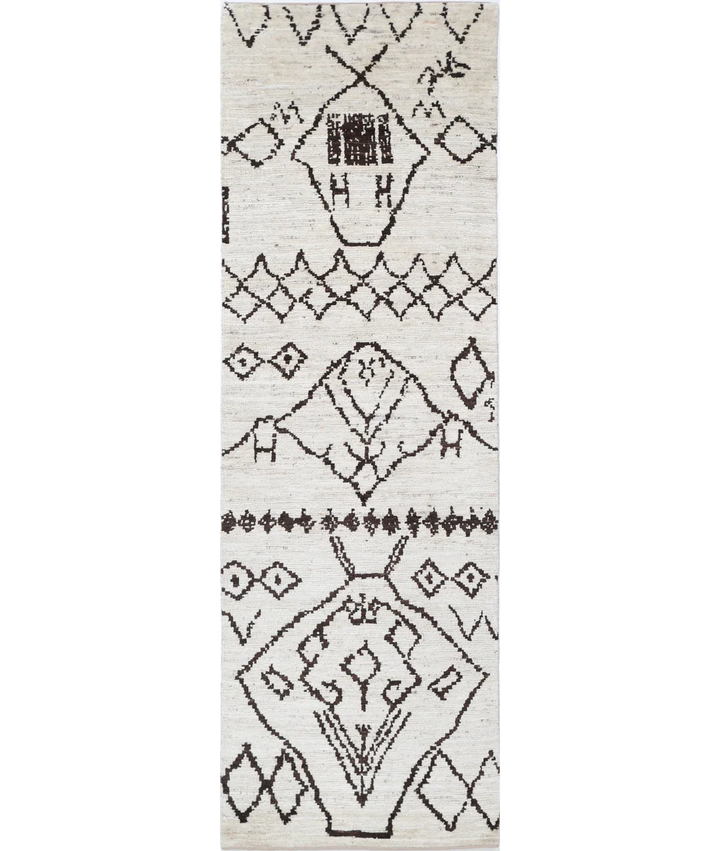 Ivory Moroccan Runner Rug 2' 11" x 9' 9" Hand-Knotted | No. AT32022