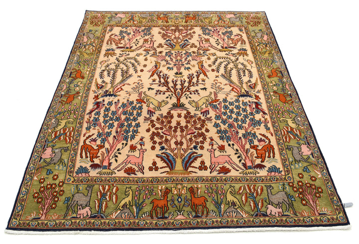 Ivory Oriental Qum Rug 4' 6" x 6' 8" Hand-Knotted | No. AT74534