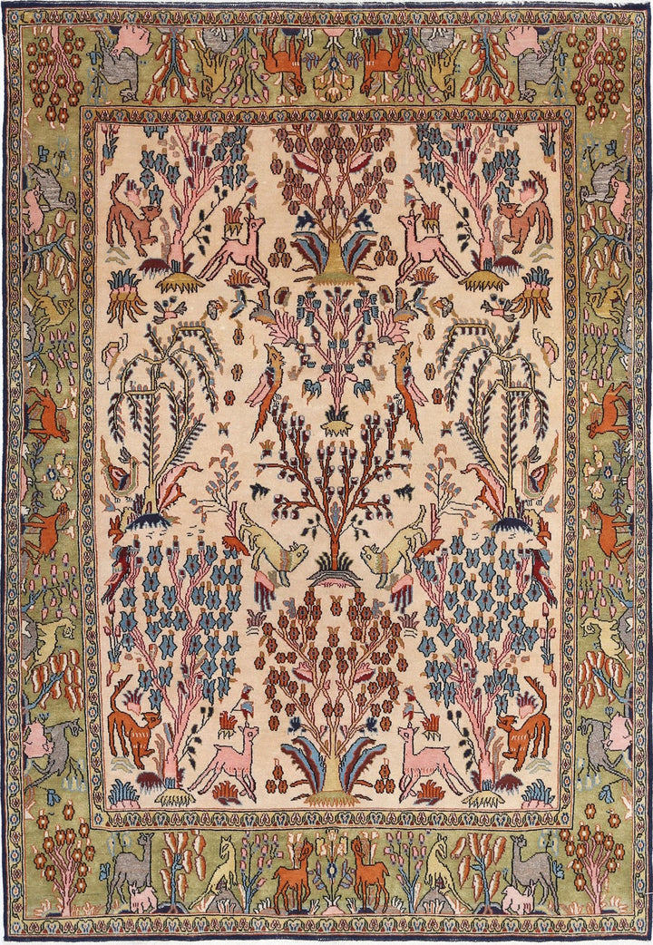 Ivory Oriental Qum Rug 4' 6" x 6' 8" Hand-Knotted | No. AT74534