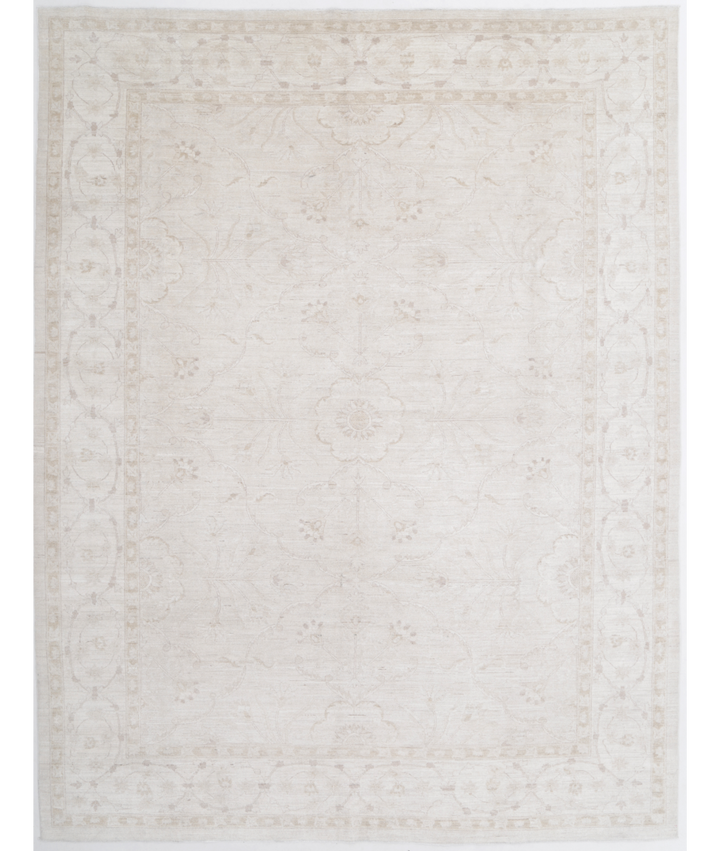 Ivory Afghan Tabriz Rug 10' 4" x 13' 7" Hand-Knotted | No. AT81364
