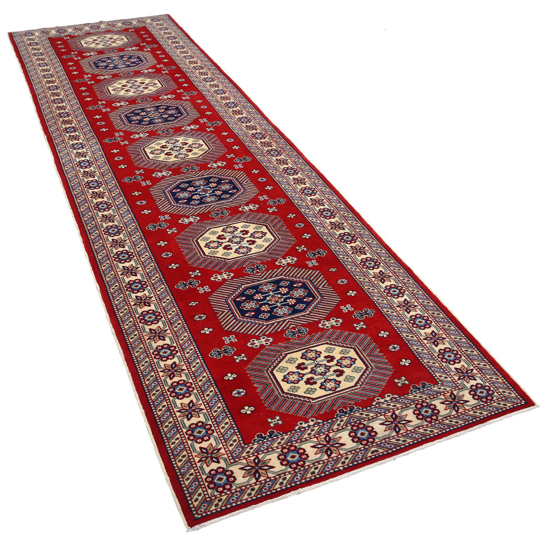 Red Afghan Tribal Rug 3' 3" x 10' 3" Hand-Knotted close-up
