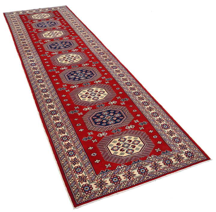 Red Afghan Tribal Rug 3' 3" x 10' 3" Hand-Knotted close-up