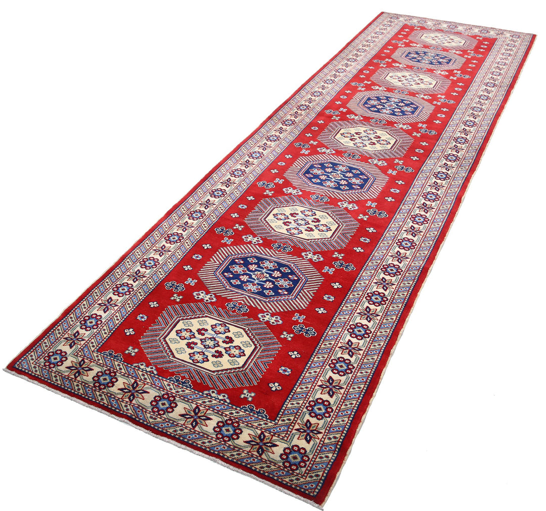Red Afghan Tribal Rug 3' 3" x 10' 3" Hand-Knotted detail