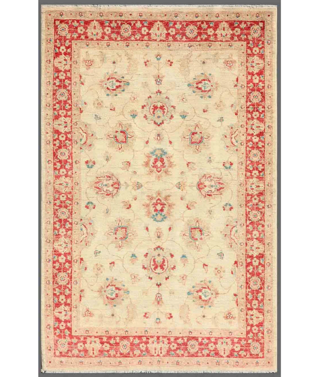 Ivory Afghan Ziegler Rug 4' 1" x 6' 3" Hand-Knotted
