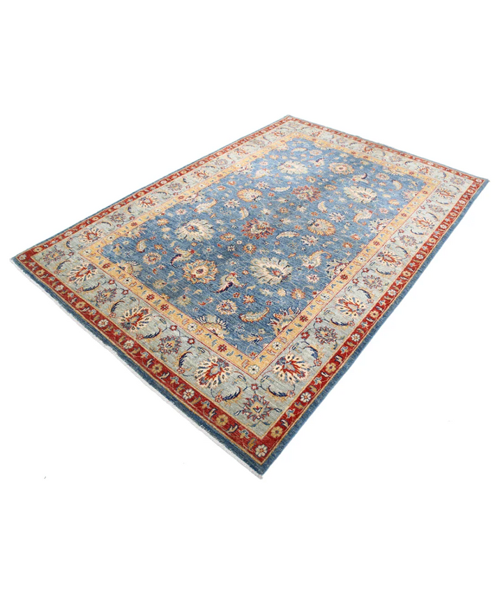 Blue Afghan Ziegler Rug 5'7" x 8'2" Hand-Knotted | No. AT13841