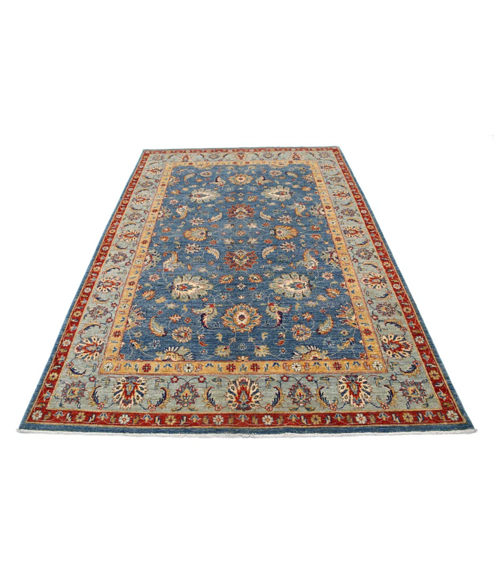 Blue Afghan Ziegler Rug 5'7" x 8'2" Hand-Knotted | No. AT13841